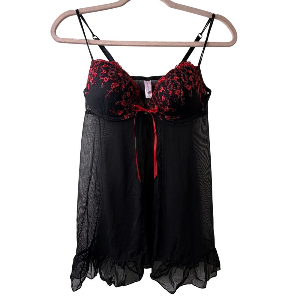 Md Inner Secrets Sheer Black Top Red Floral Embroidered Sexy Whimsigoth Lolita